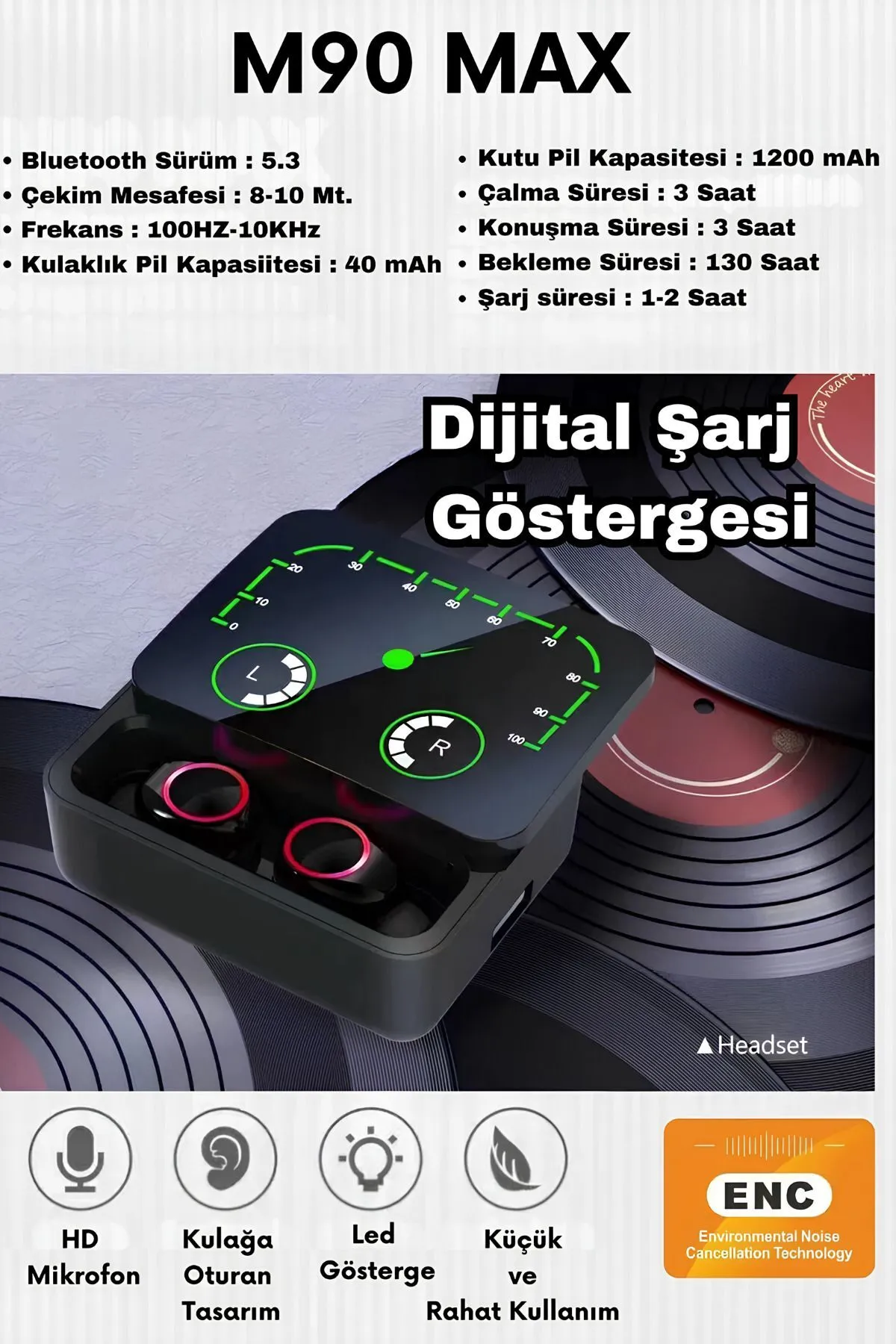 Bilişim Burada M90 Max Bluetooth Kulaklık Powerbankli Hız Göstergeli Mikrofonlu Kulak içi Oyuncu Rgb Stereo V5-3